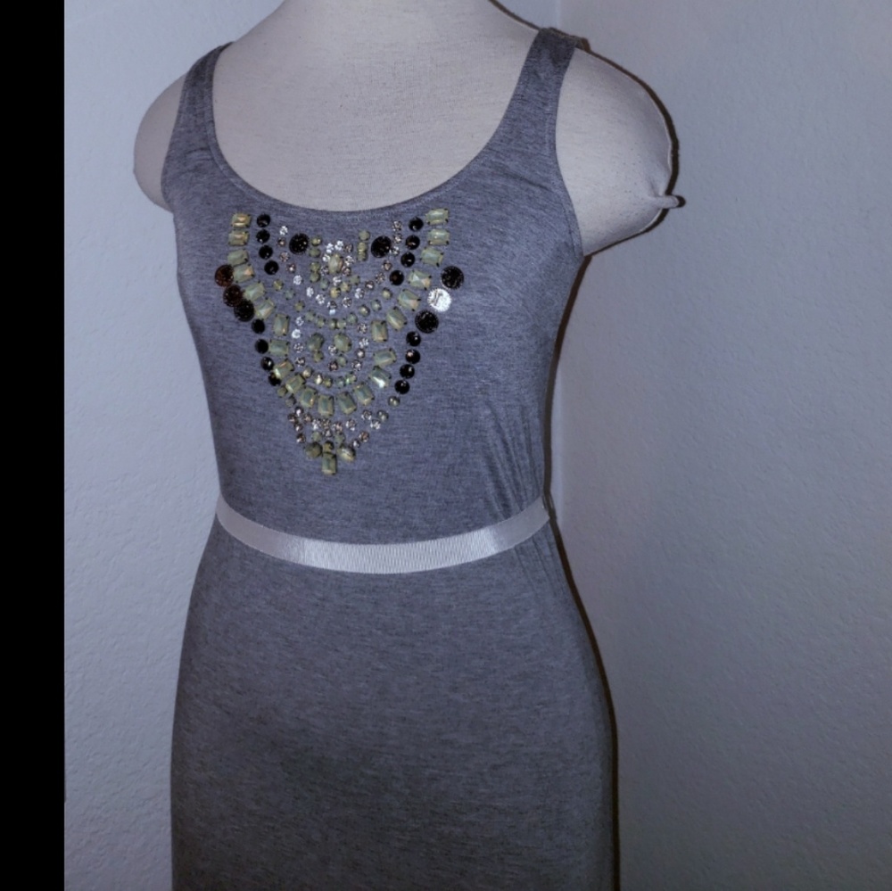 BEBE EMBELLISHED GRAY MAXI DRESS